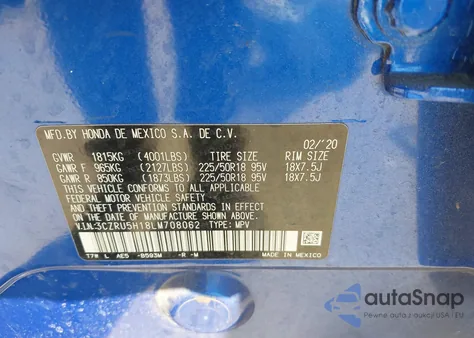 2020 Honda Hr-V 2Wd Sport из США, поврежденный, VIN 3CZRU5H18LM708062